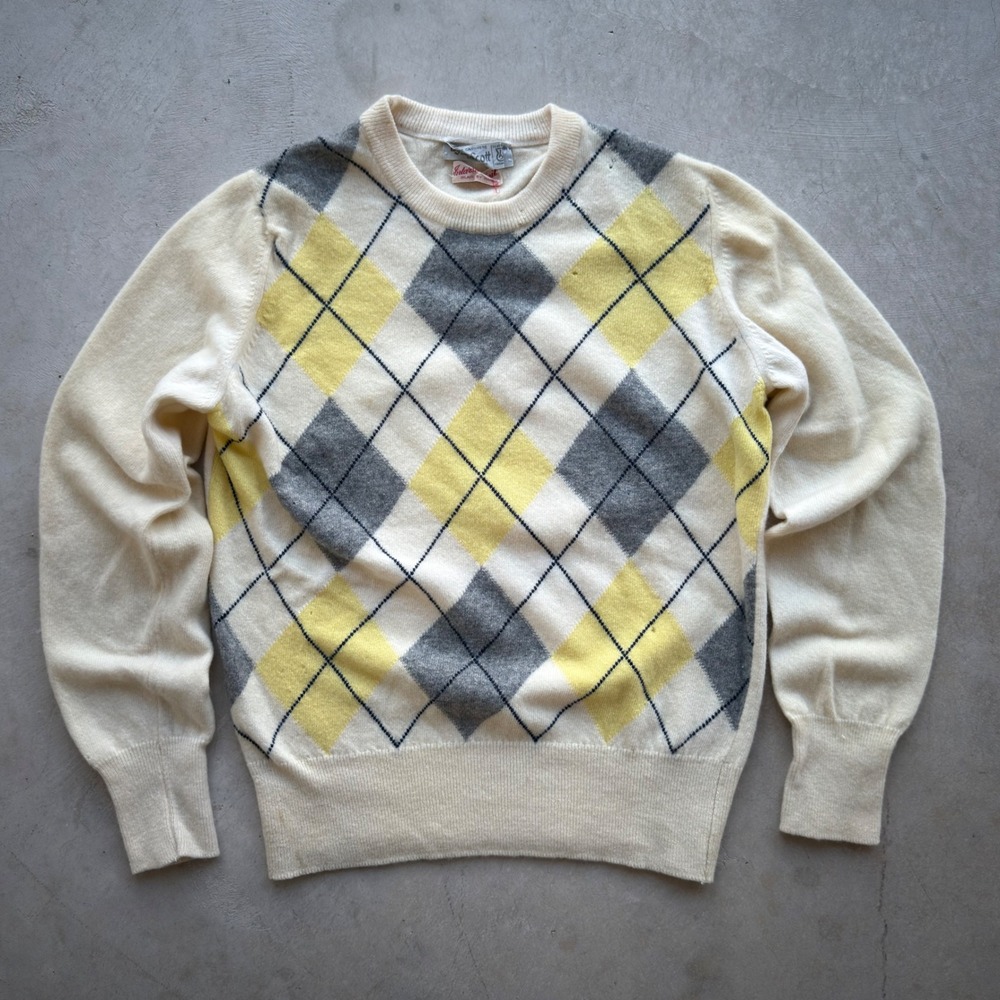 Vintage Lyle Scott Cashmere Argyle Sweater Yellow Grey Ivory Scotland Womens
